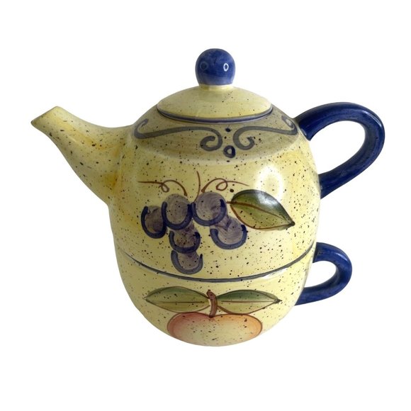 Teapot Cup Set Single Serve 2 Piece Oversize Cup Yellow Fruit Pattern 7" x 4.5" - Picture 2 of 7